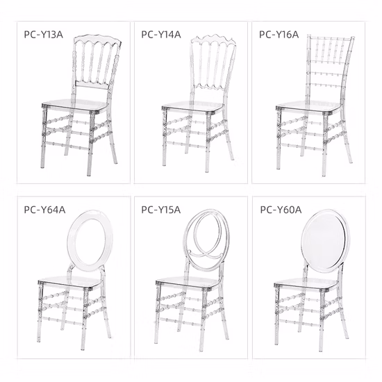 Venta al por mayor de resina de cristal acrílico transparente para eventos, silla Tiffany Chiavari, silla de comedor de plástico transparente para bodas y banquetes